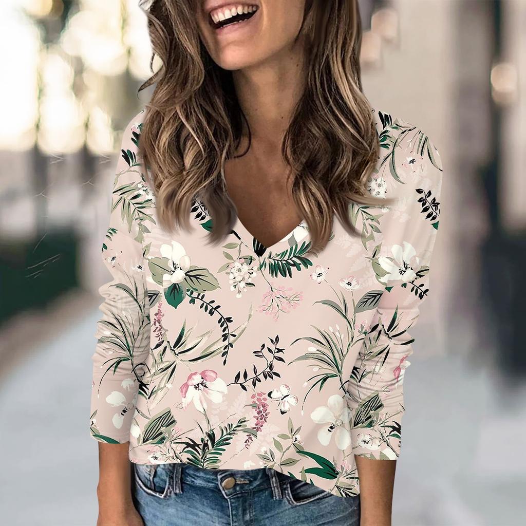 Женская модная повседневная футболка с принтом весенних цветов и V-образным вырезом, заниженной линией плеч, длинным рукавом