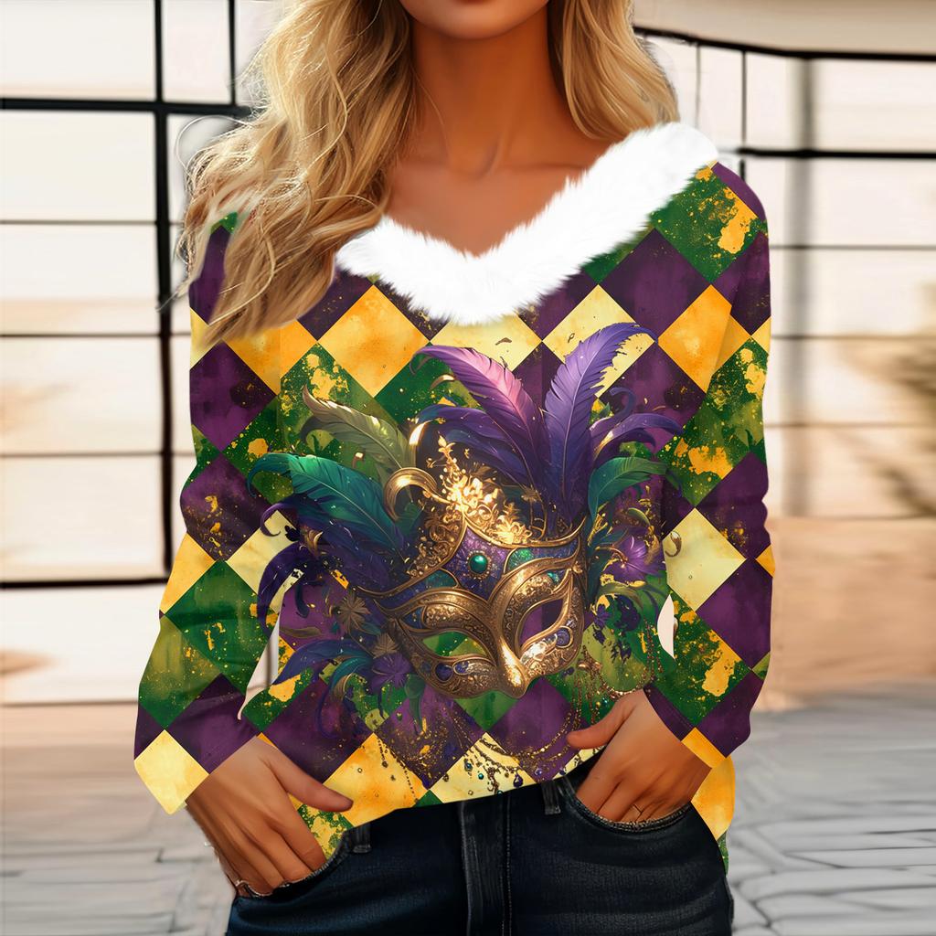 Женский свободный повседневный топ с длинными рукавами и принтом из плюша с V-образным вырезом, топ с длинными рукавами