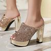 Плюс Сайз Верх из Глиттерной Ткани Супер Высокий Толстый Каблук С Открытым Носком Тапочки Платформа Ослепительные Сверкающие Модные Тапочки