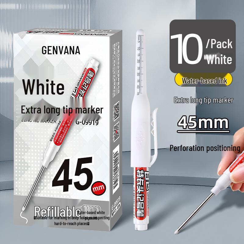 Extra-Long Tip White Oil-Based Marker: Durable, Non-Fading, Deep-Hole Pen for Construction.