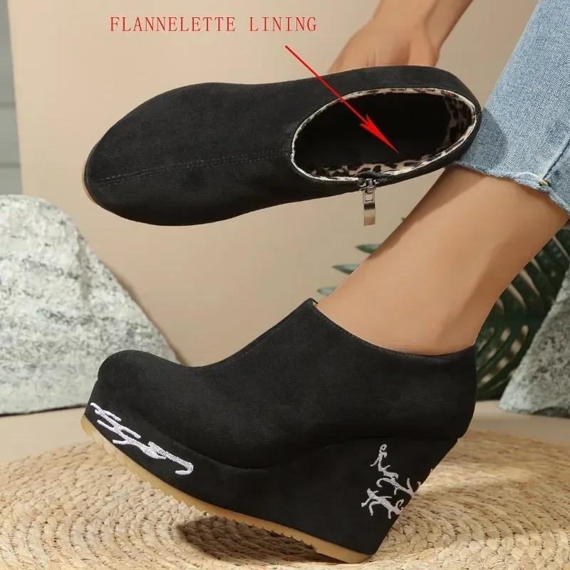 Модные весенние и осенние женские туфли на танкетке с высоким каблуком и леопардовым узором, боковая молния внутри, 2024 Новые повседневные ботинки с круглым носком