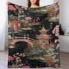 GUOYU Blanket Throw Blanket Chinoiserie Charcoal Coral Pagoda Flannel Fleece Throw Blanket Japanese Asian Style Blanket Pagoda and Flower