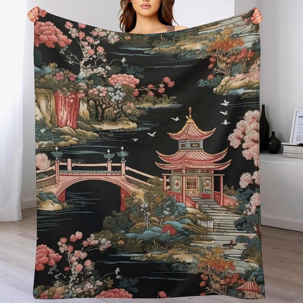 GUOYU Blanket Throw Blanket Chinoiserie Charcoal Coral Pagoda Flannel Fleece Throw Blanket Japanese Asian Style Blanket Pagoda and Flower
