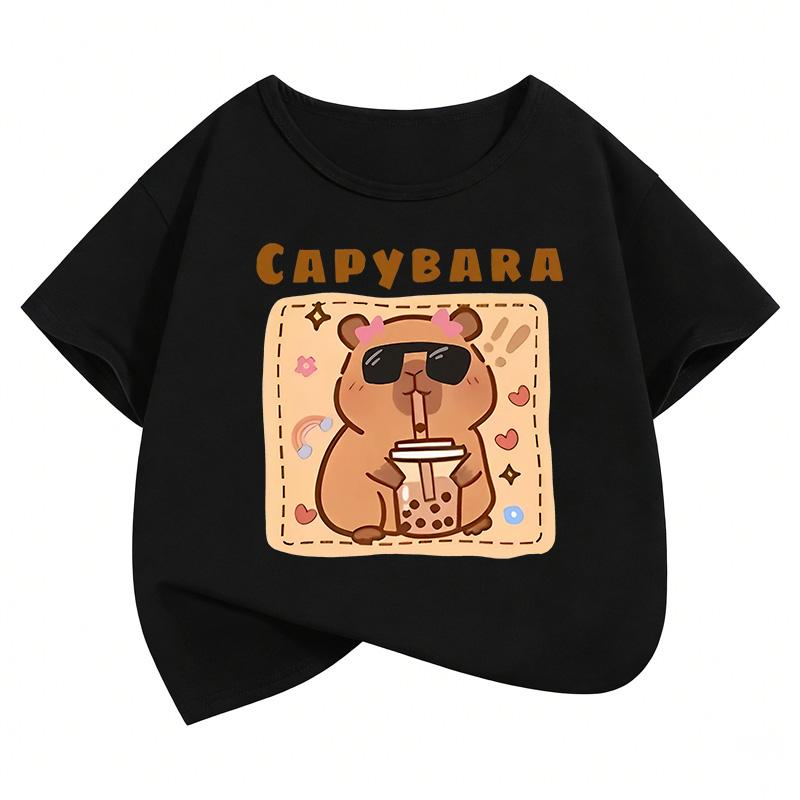 Funny Capybara Drinking Juice Design T Shirts Manga Kids Children's T-shirt Boys Girls Summer Spring Casual Top Tee