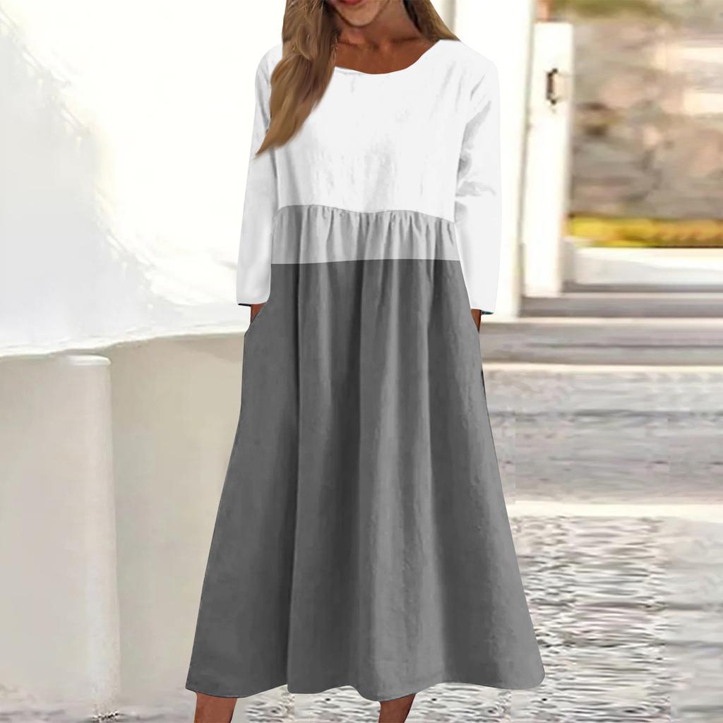 Женское повседневное миди-платье с круглым вырезом и полосатым принтом, с длинным рукавом и карманом