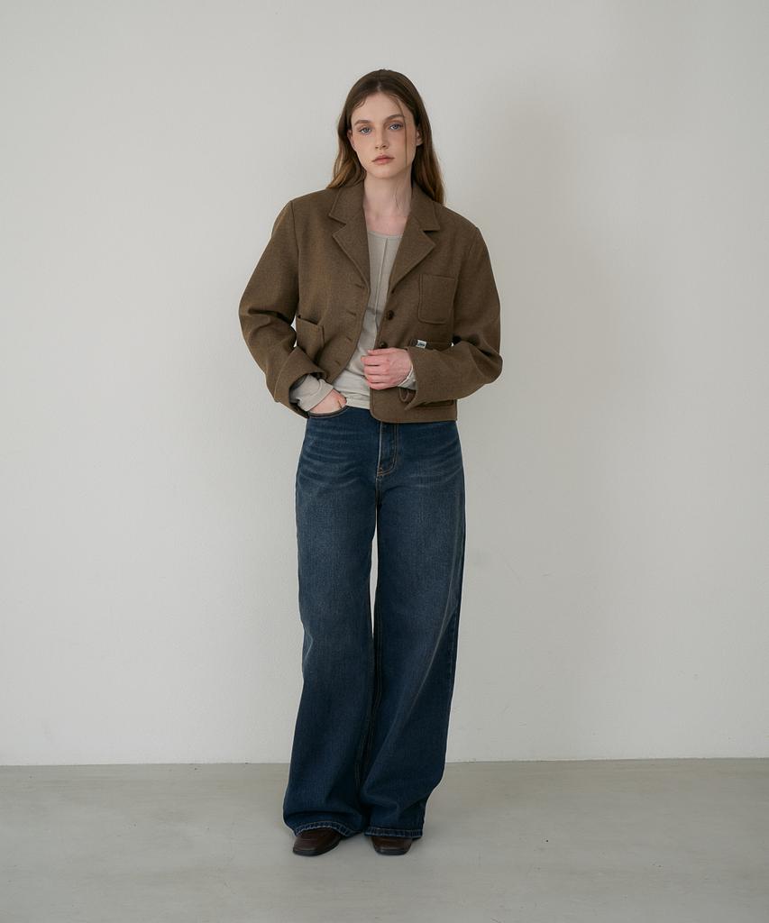 DEHEVE Herringbone Tailored Wool Crop Jacket [Camel]