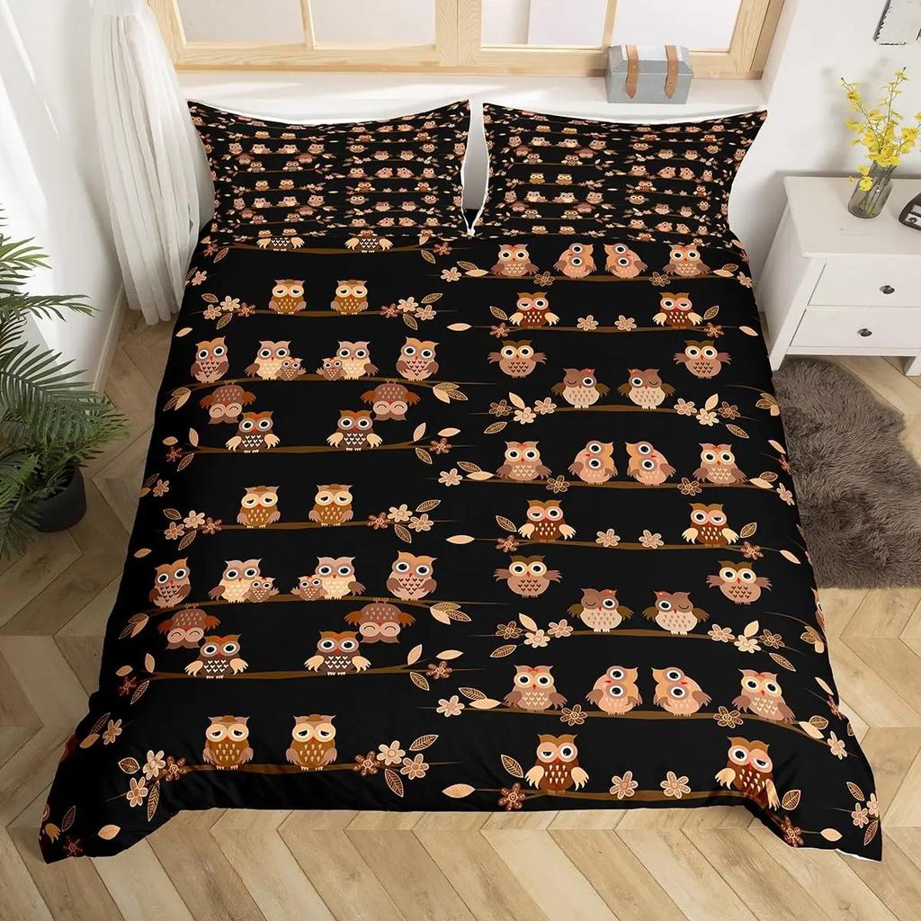 Kids Cartoon Garden Bed Set Cute Owls Comforter Cover, Chic Tree Butterfly Duvet Cover Full Queen White Daisy Floral Bedding Set