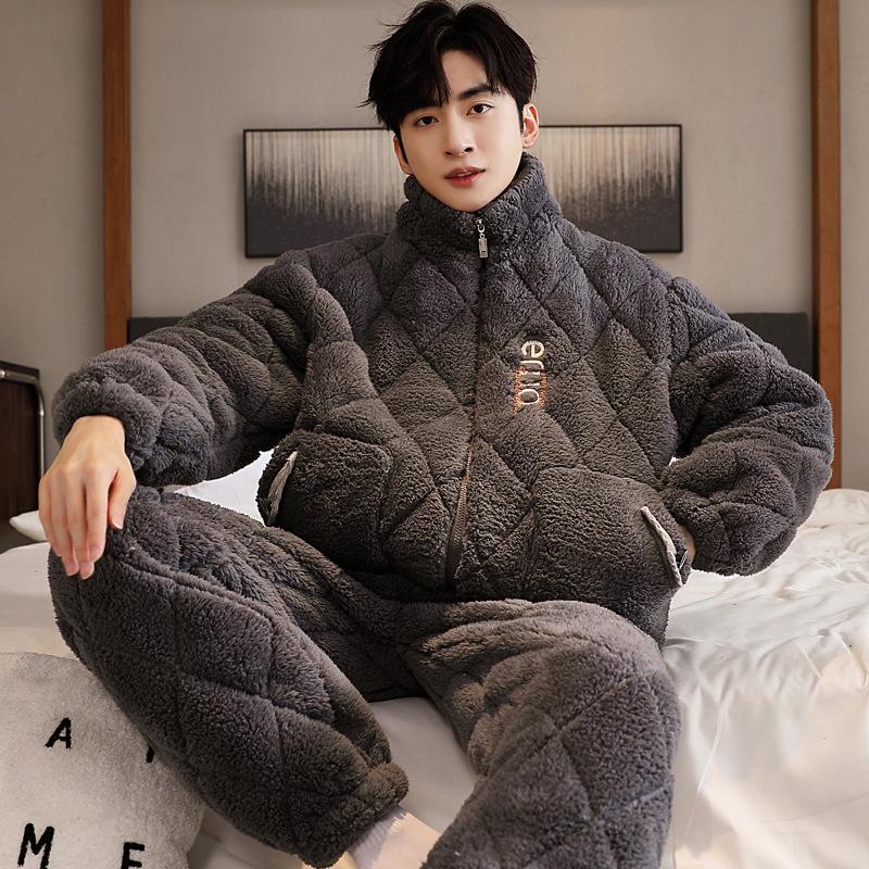 Men's Three-Layer Thickened Cotton Winter Pajamas - Warm, Simple, Luxury, and Suitable for Indoors and Outdoors.