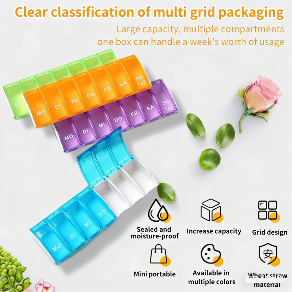 7Day Pill Organizers with Labeled Compartments Monday to Sunday Color-Coded for Travel And Daily Use Featuring a Vibrant Familie