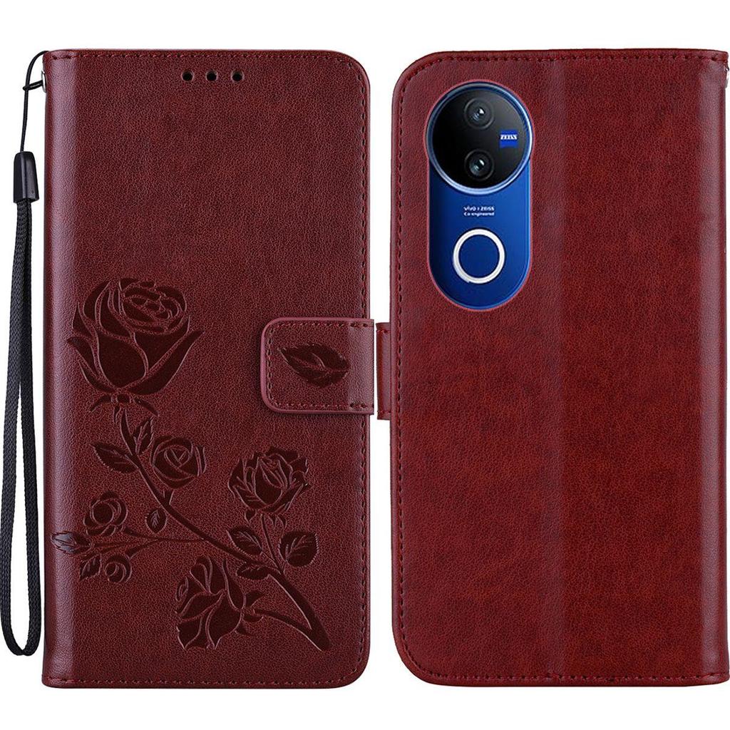 Тисненая кожаная книжка с розой для Vivo V50, кошелек, слоты для карт, чехол