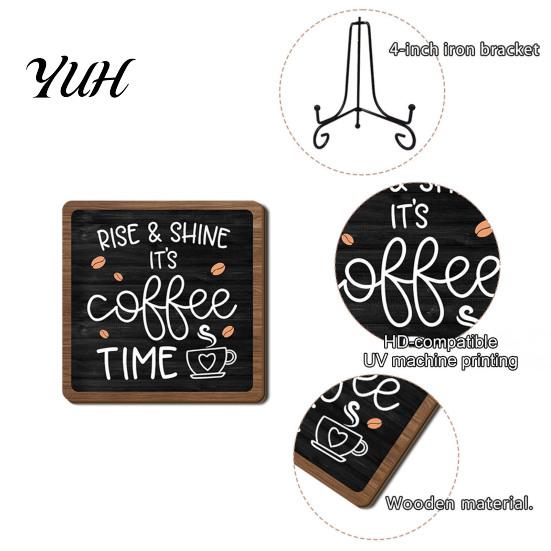 Desktop Coffee Sign Themed Wooden Tabletop Sign, Rustic Kitchen Bar Plaque with Iron Lover Gifts Stand, Farmhouse Home Dining Room Countertop