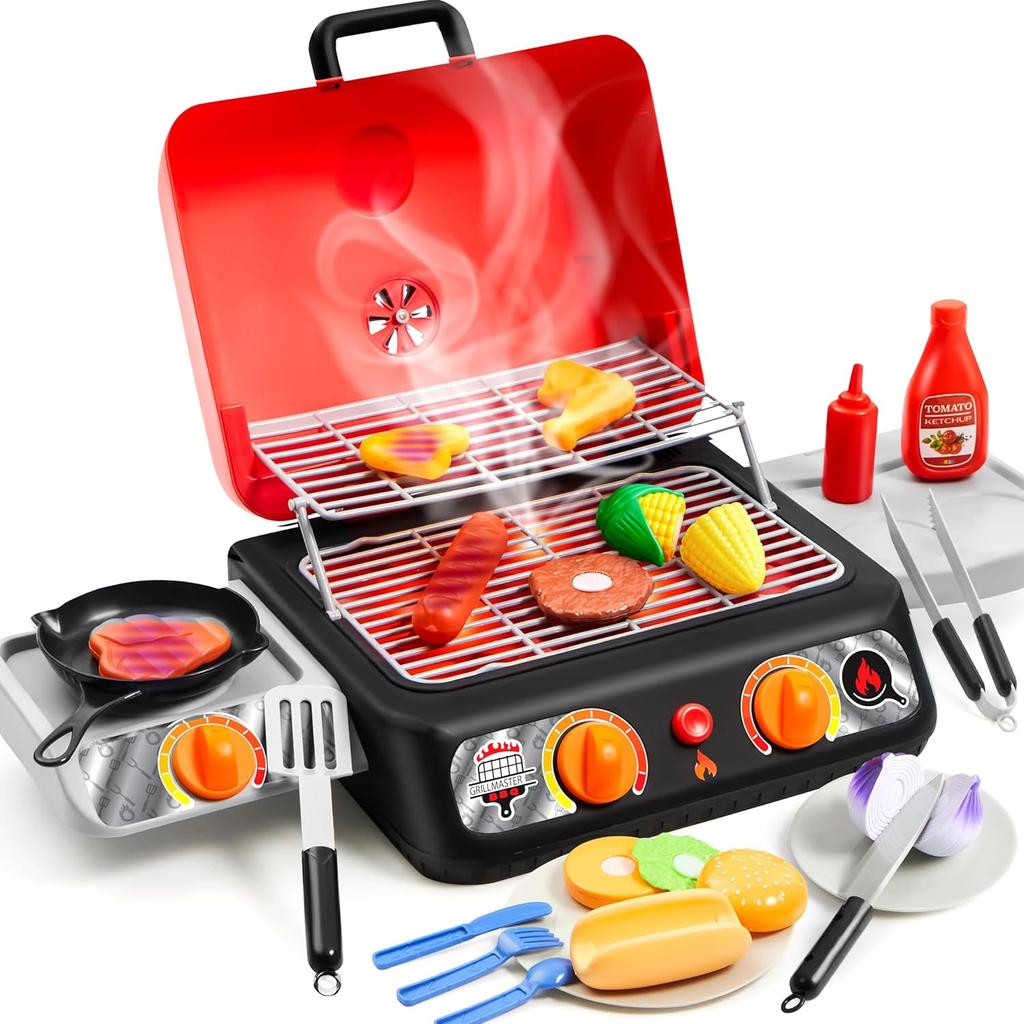 JOYFY Kids BBQ Grill Playset Kitchen Toy Set with Pretend Smoke Light Color-Changing Food for Boys Girls Kids Birthday Gift