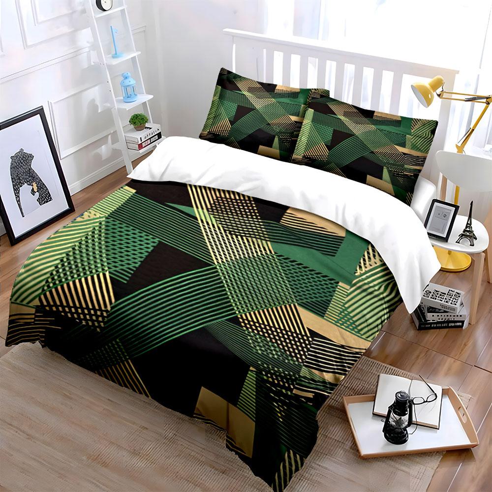 Green and gold stripes. Bedding sets Duvet cover sets Duvet covers Pillowcases(1*Duvet Cover 2*Pillowcases without duvet insert)