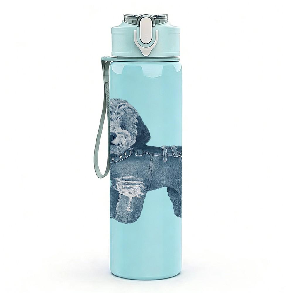 1PC Blue Poodle Dog Cartoon 750ml Color Plastic Sports Water Bottle Leakproof Flip Straw Lid Suitable for Sports Office Home Use
