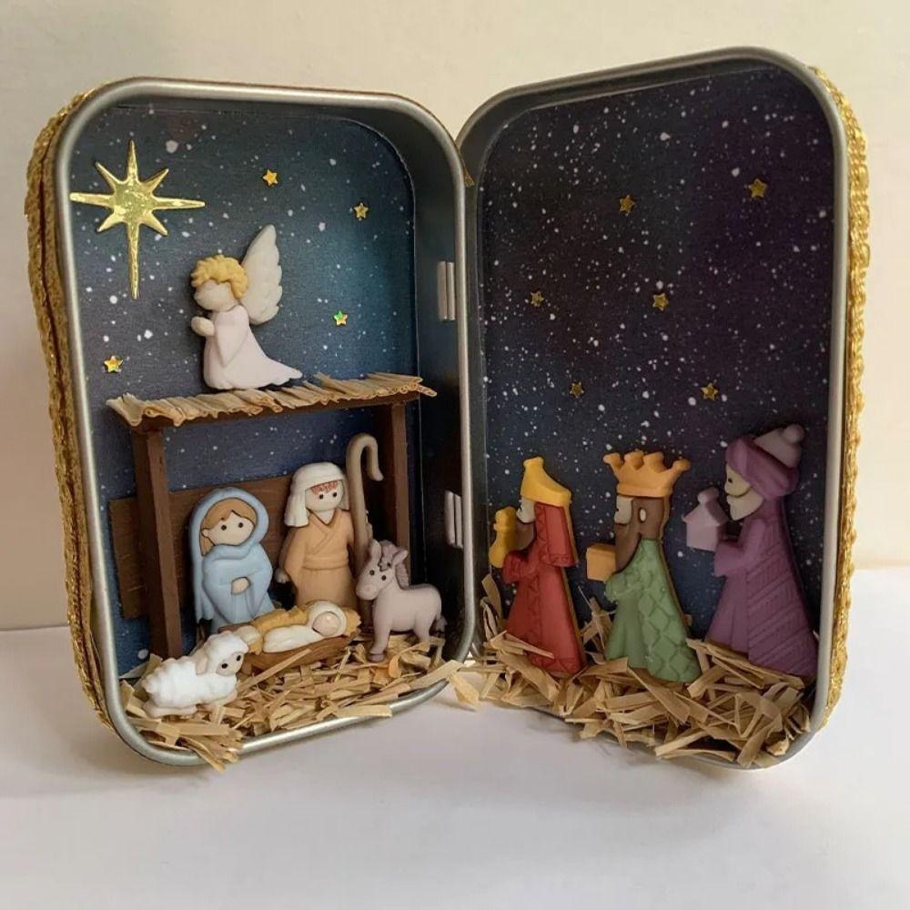 Colorful Christmas Nativity Box Easy Carrying Desktop Figurine Ornament Art Decor