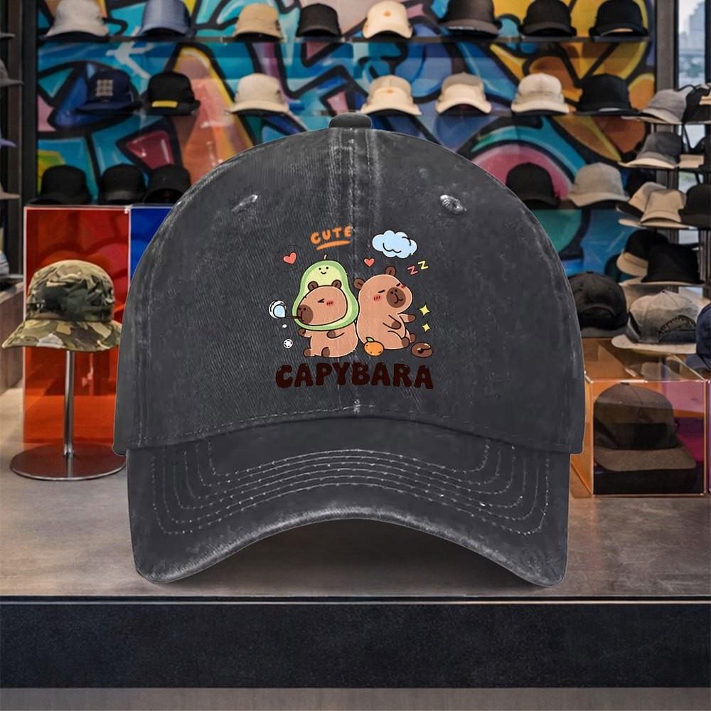 Cute Capybara Avocado Graphic Baseball Cap Unisex Washed Cotton Adjustable Vintage Outdoor Hat