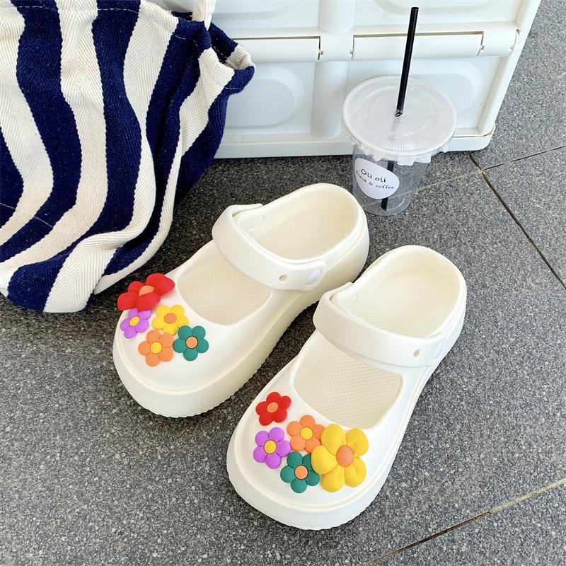 Тапочки женские на пуговицах с мультяшной подошвой, туфли с толстым дном и отверстиями, сандалии с половиной буксира, тапочки