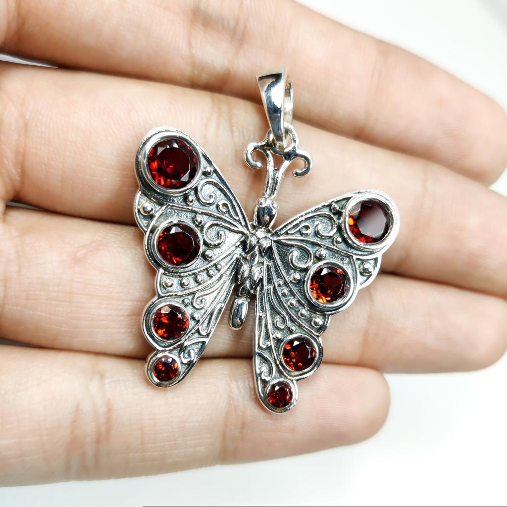 Oxidized Sterling Silver Butterfly Pendant: Garnet Gemstone
