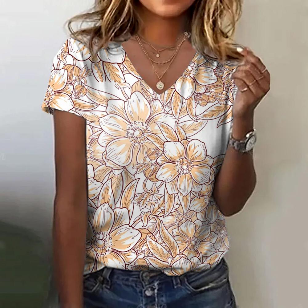 Women's T-shirt Floral Print Summer Loose and Comfortable Short-sleeved Pattern V-neck Casual T-shirt Casual Elegant Clothing