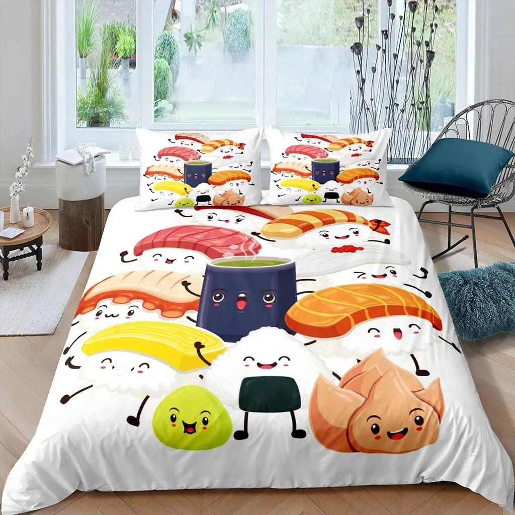 Японский Суши Пододеяльник Размер King Microfiber Милый Мультяшный Тема Еды Комплект Постельного Белья Чехол на Одеяло