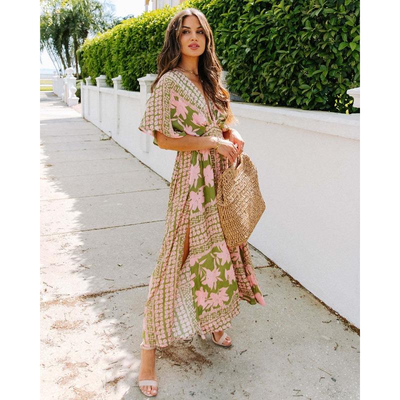 Летнее европейское и американское женское новое сексуальное модное платье с высокой талией и разрезом с принтом, женское длинное платье, повседневное платье