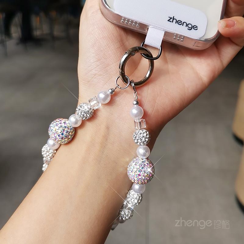 Жемчужный хрустальный шнурок для мобильного телефона, короткий браслет из сверкающих бриллиантовых бусин, женский наручный аксессуар для защиты от потери