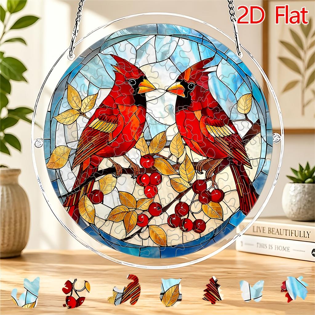 2D Flat Acrylic Puzzle Sun Catcher, Red Main Red Fruit Lark Theme Sun Catcher Puzzle, Home Garden Decoration, Suitable for Christmas, Thanksgiving, An