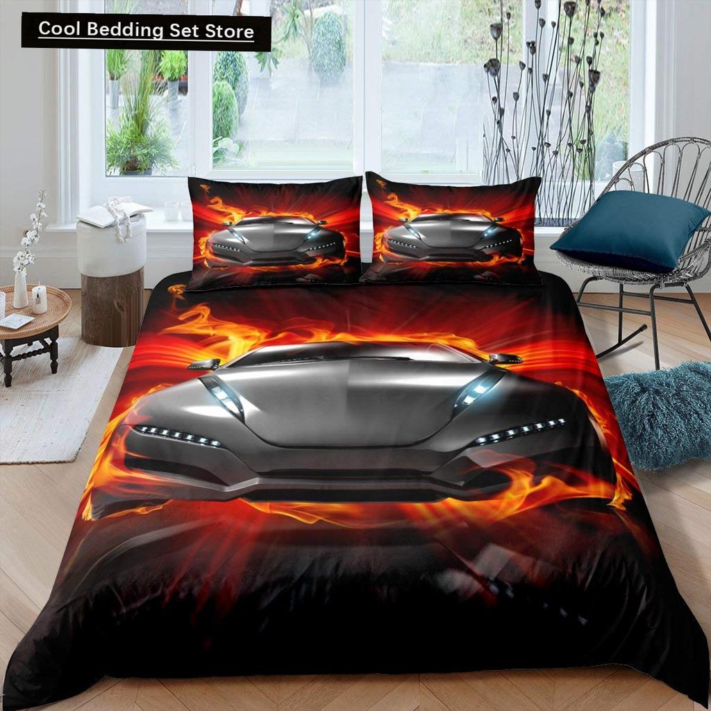 Race Car King Queen Duvet Cover Cool Speed Racing Bedding Set Teens Men Black Sport Car Quilt Cover Polyester Comforter Cover