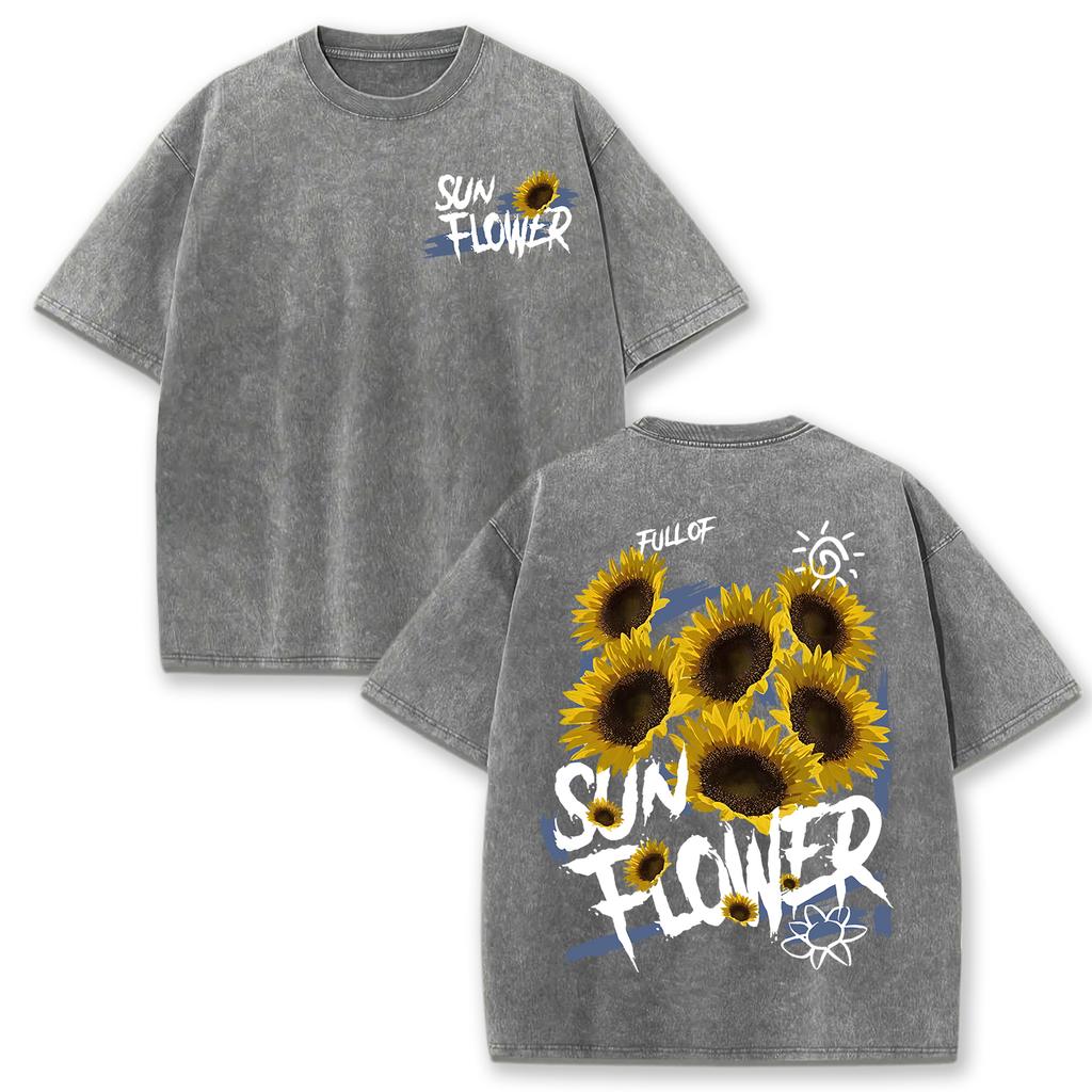 Lift Is Good Beautiful Sunflower Print Washed T Shirts Women Soft Cotton T-Shirt Street Creative Short Sleeve Summer Tops