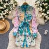 Spring Summer Women Vintage Print Single Breasted Shirt Lace-up Pencil Dresses with Pocket