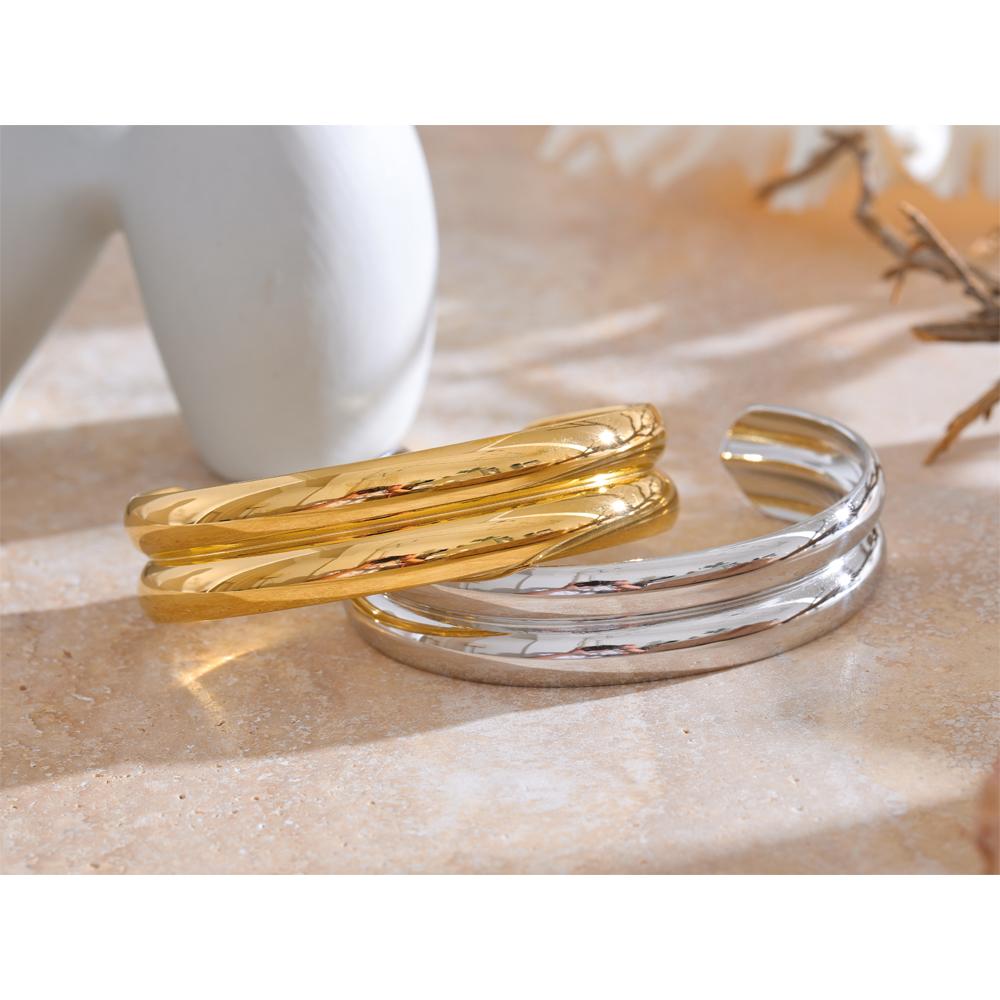Yhpup 64mm 316L Stainless Steel Metal Double Layer Round Open Bracelet Bangle 18K PVD Plated Waterproof Jewelry Accessories Gift