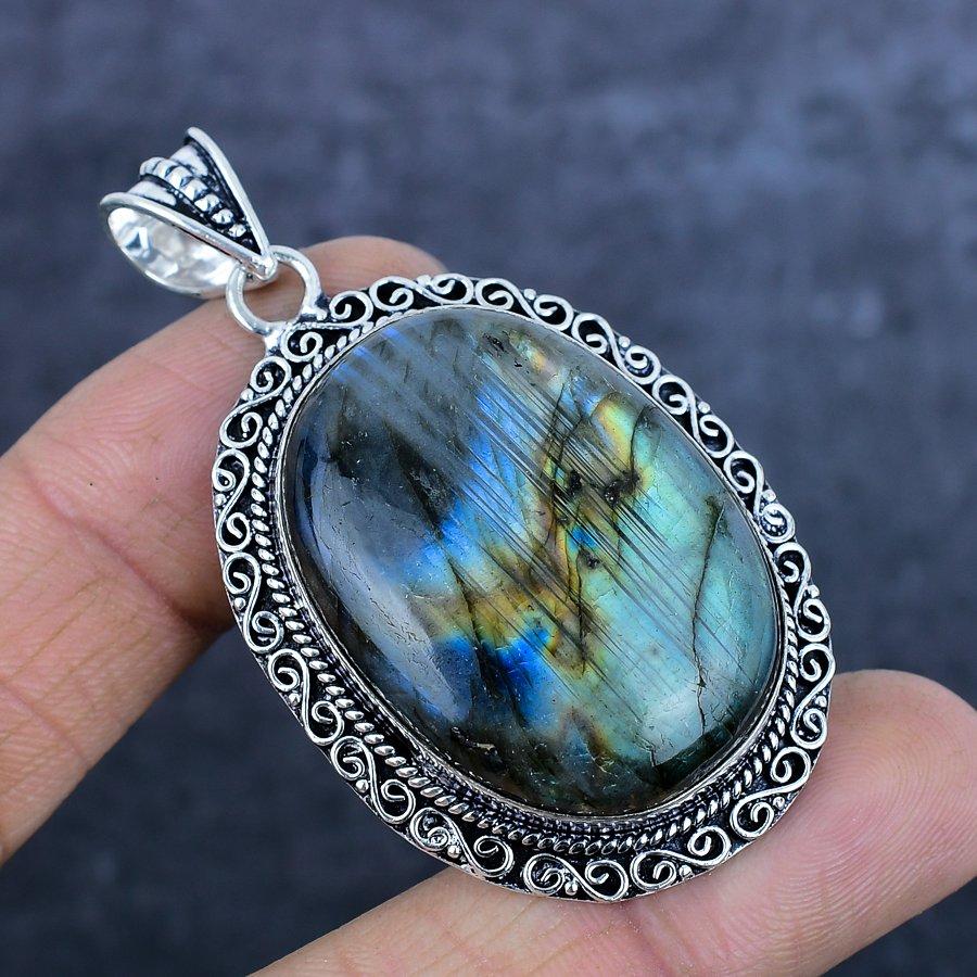 Natural Labradorite Gemstone 925 Sterling Silver Jewelry Pendant 2.48" Q0I14