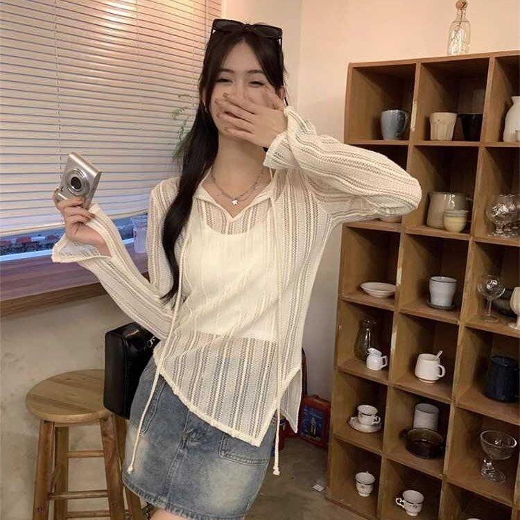 Чистый стиль желания пикантная девушка простой длинный рукав V-образный вырез тонкий ремешок полый солнцезащитный крем чехол свитер трикотажная футболка топ женский