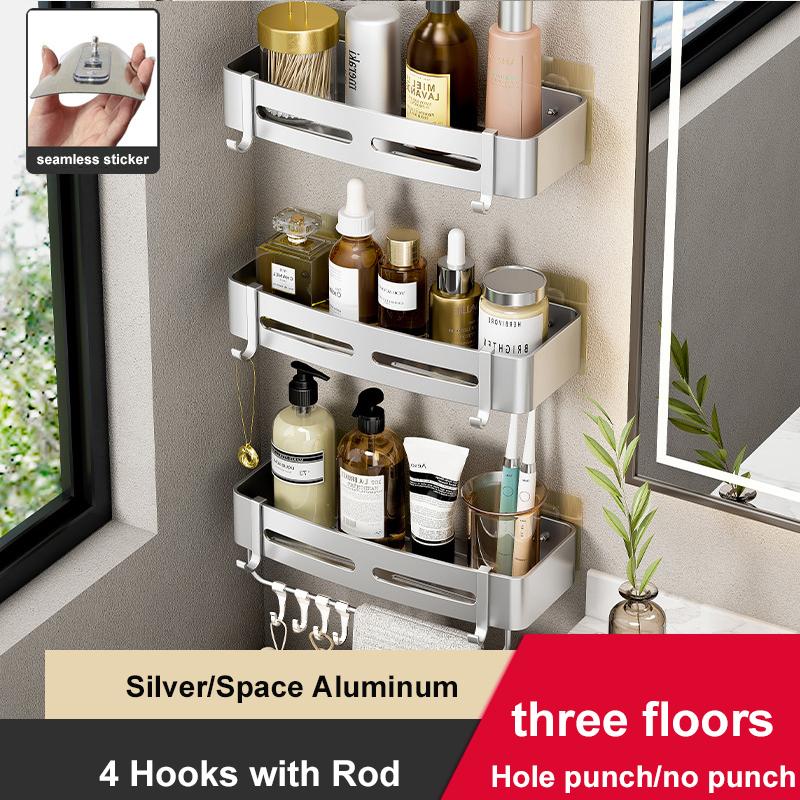 Bathroom Shelves No Drill Shampoo Storage Rack Wall Mounted Shower Corner Shelf Space Aluminum Kitchen Organizer Rack