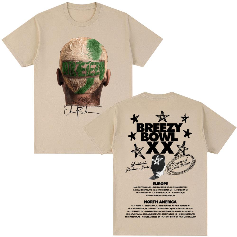 Rapper Chris Brown Album Tshirt Breezy Bowl XX Tour 2025 Hip Hop Vintage T Shirt Men Women Oversized Cotton Tshirts Streetwear