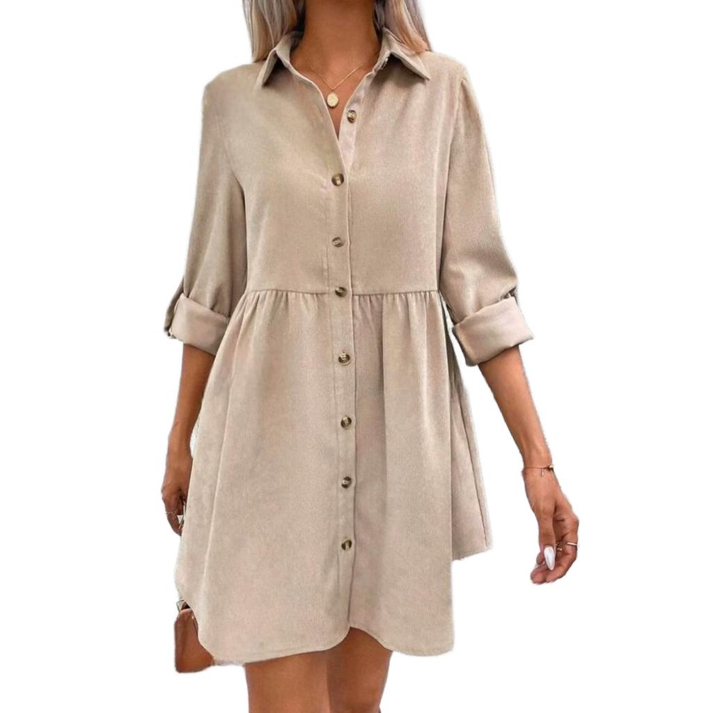 Women's Casual And Fashionable Long Sleeved Lapel Single Breasted Skirt Type Shirt Dress