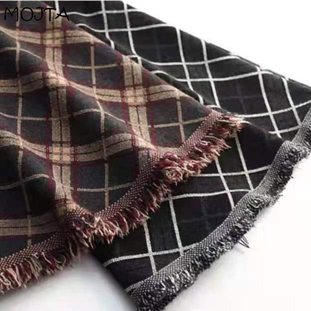 Женская осенне-зимняя вязаная юбка средней длины с кисточками и высокой талией, клетчатая юбка