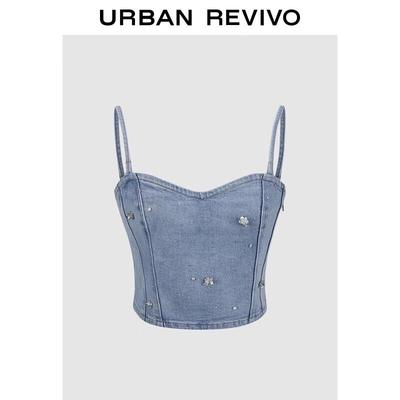 UR 2025 Осенняя женская джинсовая рубашка на бретелях со сборками и бисером