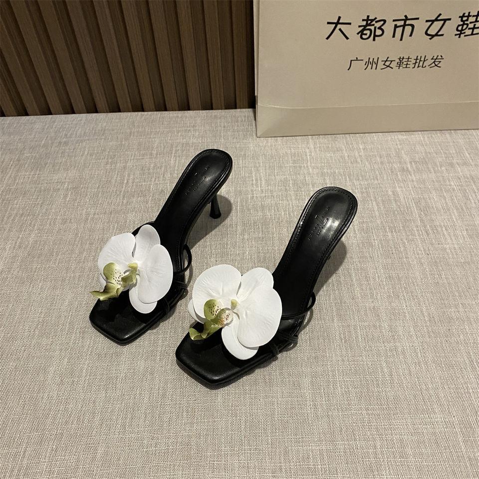 Цветочное украшение женские тапочки гавайский богемный стиль отпуск женские тапочки на высоком каблуке квадратный носок открытые тапочки шлепанцы