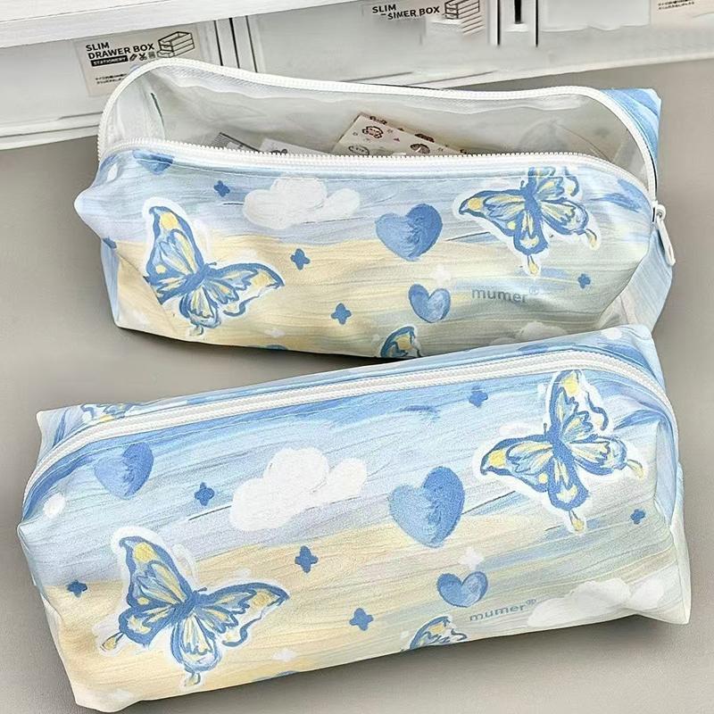 Милый Мультяшный Простой Синий Пенал с Бабочкой Симпатичный Пенал-Косметичка с Бабочкой Высокой Вместимости Сумка для Хранения Канцелярских Принадлежностей Подарки