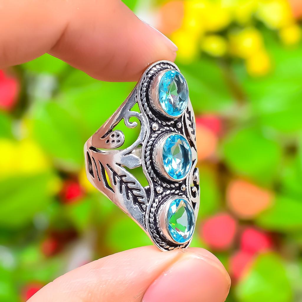 Swiss Blue Topaz Gemstone Handmade 925 Sterling Silver Gift Ring Size 8.5 P1l30