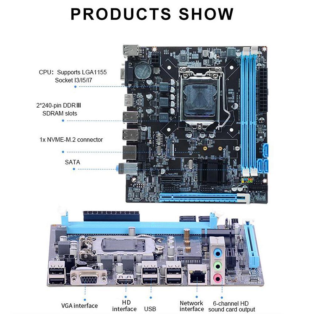 Материнская плата H61 с сокетом LGA1155 для процессоров I3/I5/I7, 16 ГБ Micro-ATX двухканальная DDR3 1066/1333/1600 МГц для настольного компьютера, основная плата