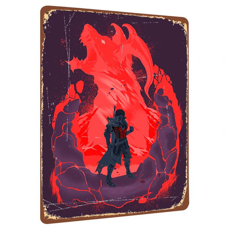 Dark Warrior and Fire Dragon Silhouette Metal Wall Art Gaming Theme Decor for Living Room Study