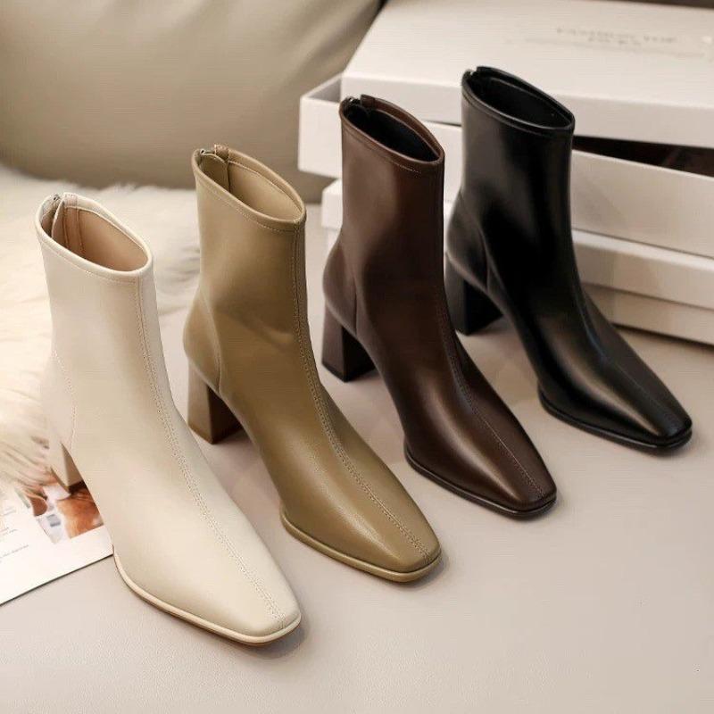 Fashion 2024 Spring and Autumn New Fashionable Square Head Solid Color Women's Short Bare Boots Comfortable Single Boots for Women