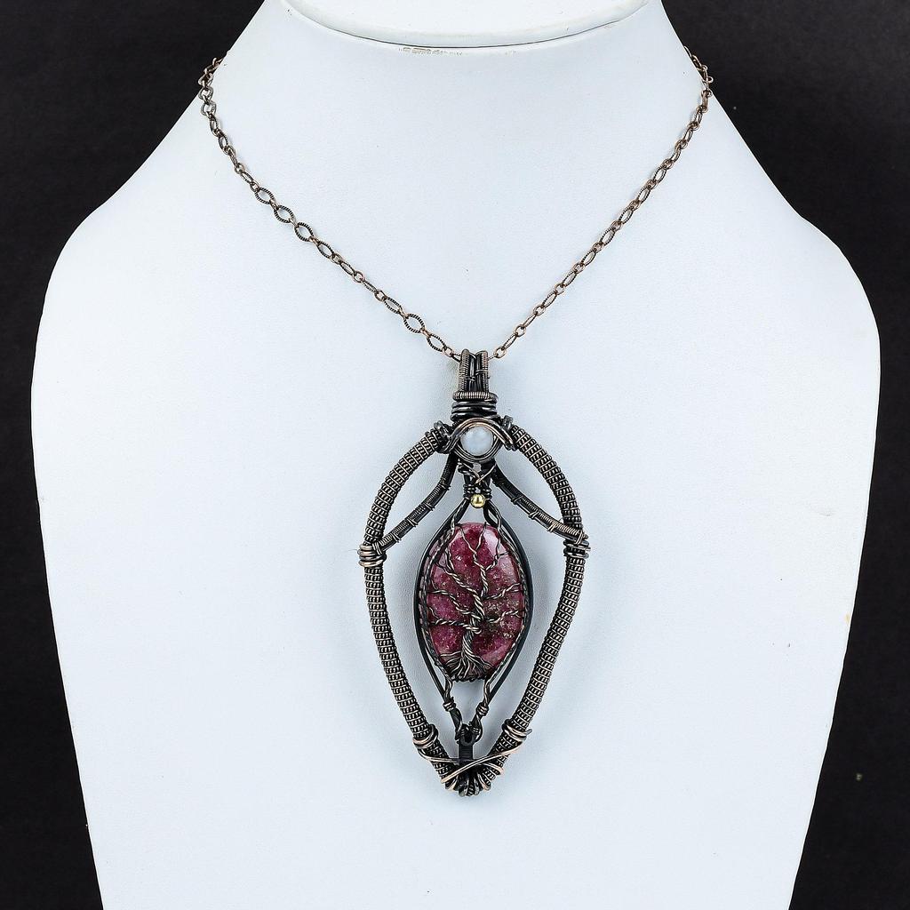 Tree Of Life Rhodonite Pendant Copper Wire Wrapped Pendant Handmade Rainbow Moonstone Pendant Copper Wire Jewelry Gemstone Pendant For Gift
