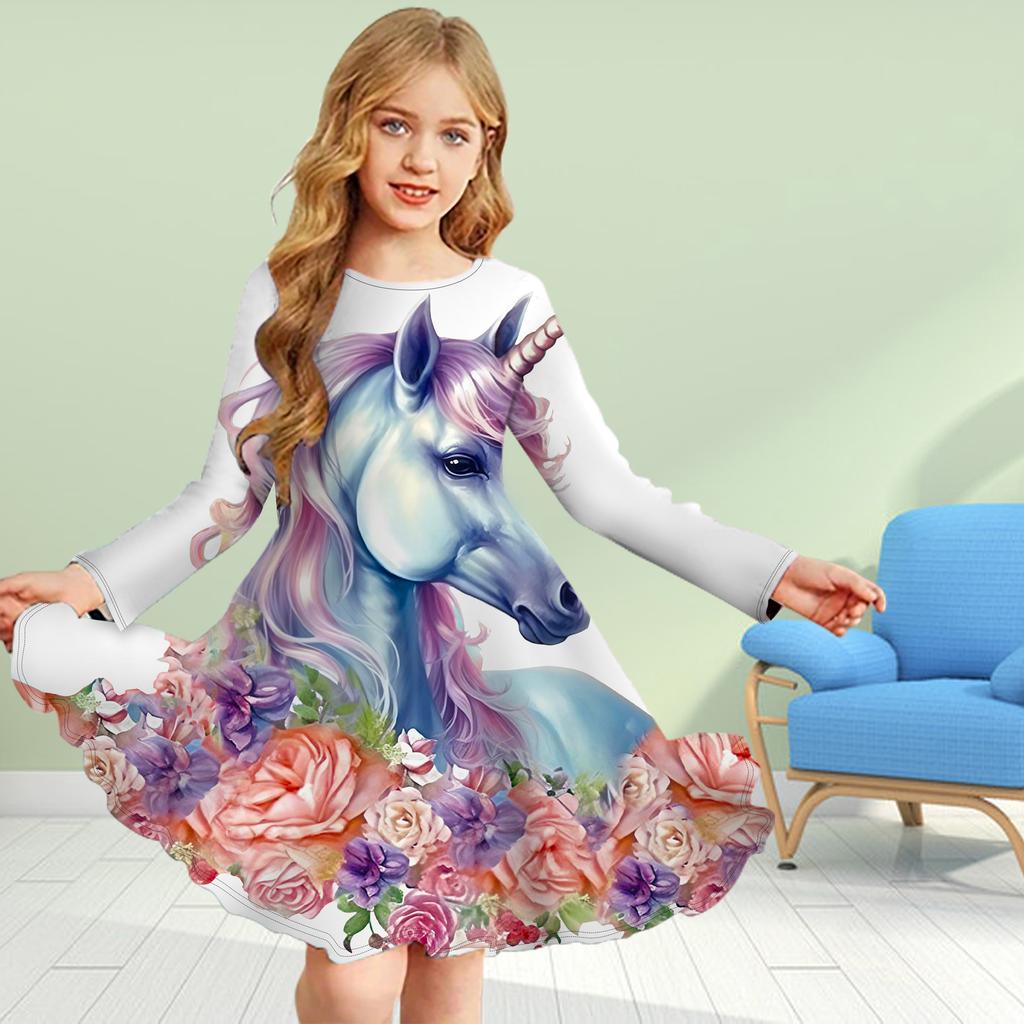 Повседневное платье для девочек с 3D-принтом «Розовый единорог» с круглым вырезом и длинными рукавами, детское платье принцессы