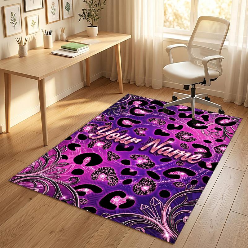 Purple Leopard Theme Soft Crystal Velvet Rug Custom Name & Text Print Non Slip Floor Rug for Bedroom Living Room