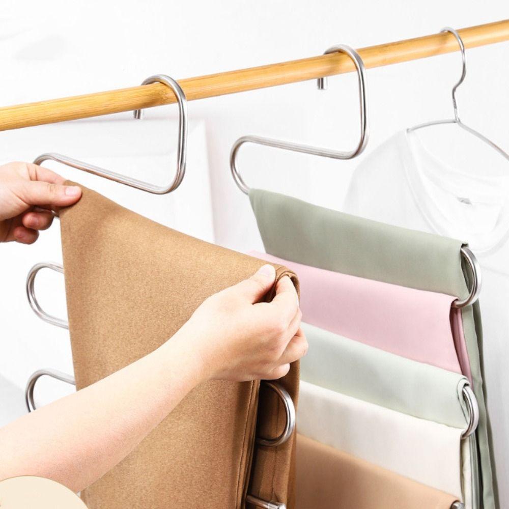 5pcs Stainless Steel Pants Rack Five-Layer Trouser Rack Multi-Layer Hanger  Wardrobe Organization