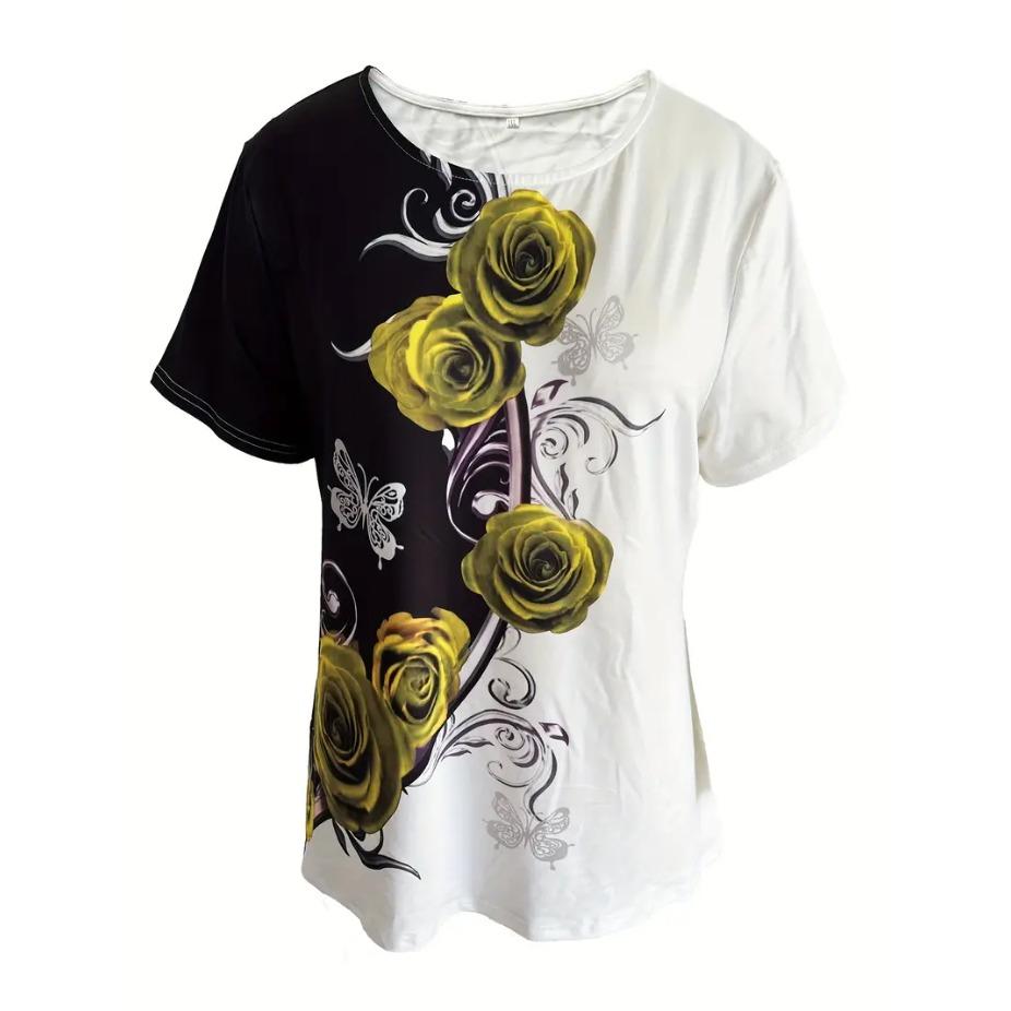 Ретро футболка с принтом роз, круглым вырезом и короткими рукавами для женщин, дышащий полиэстер, эластичная, удобная для повседневной носки
