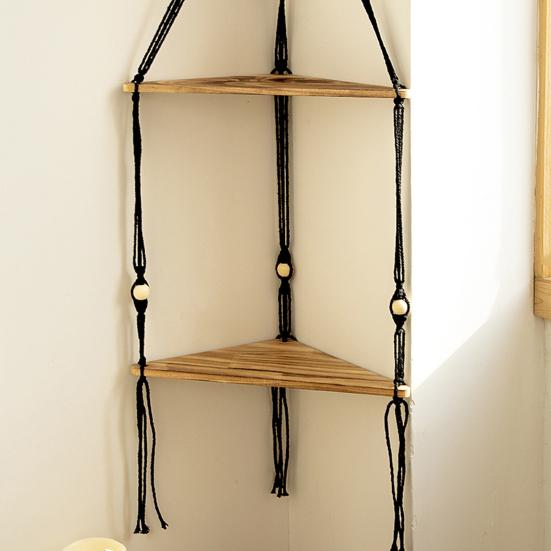 Полка в богемном стиле, хлопковая веревка ручной работы, 2 яруса, круглые бусины, деревенский домашний декор, треугольное хранилище
